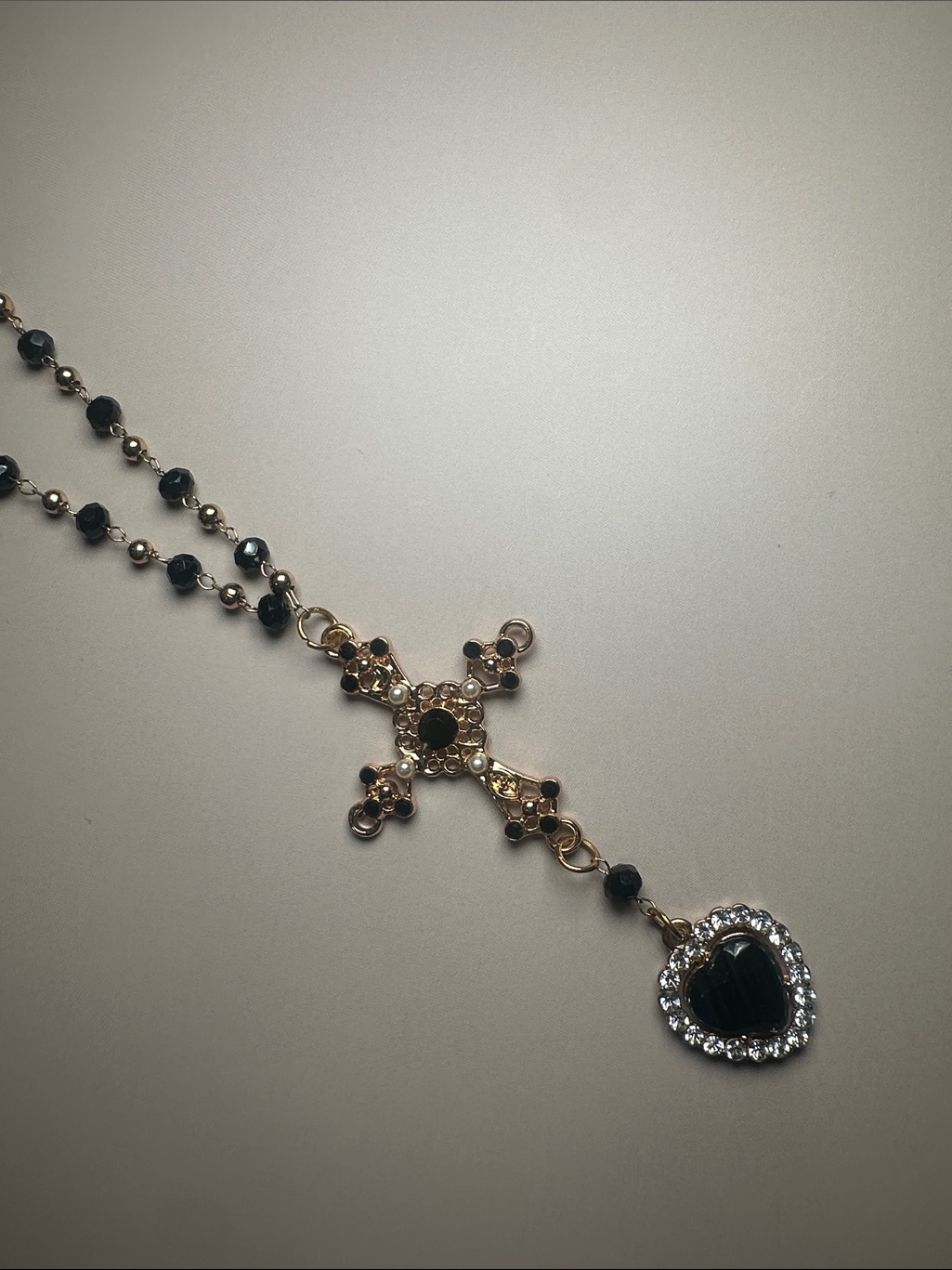 Gold Rosary-Style Necklace With Dark Green Beads And Heart Pendant
